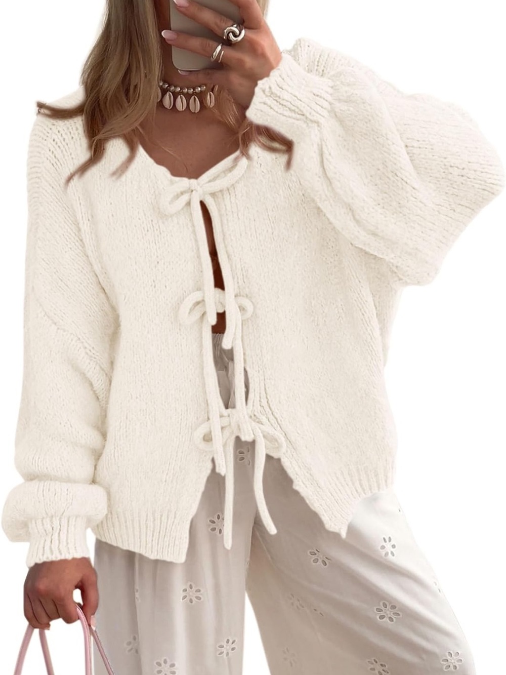 Cream knit tie front sweater
